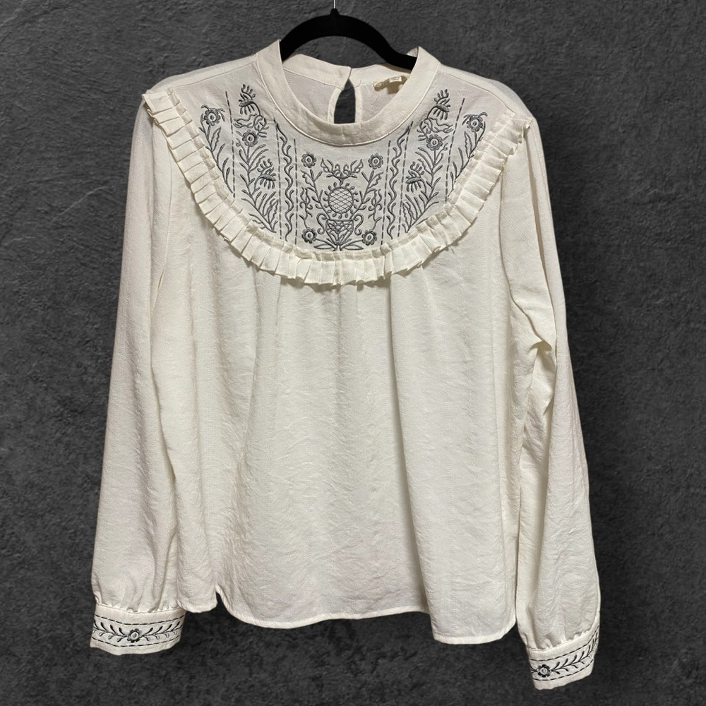 Hidden Alley Ivory Embroidered Ruffle Blouse Boho Cottagecore Romantic Top